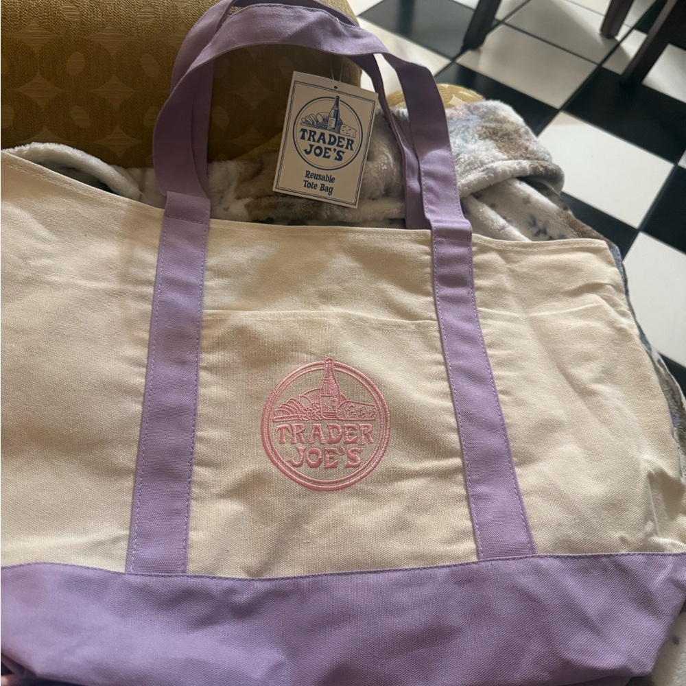 Trader Joe's Cream and Lavender Canvas Tote Bag